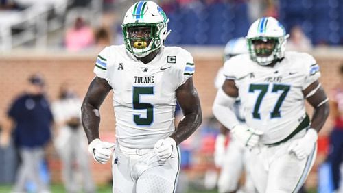 Defensive end Cameron Sample (5) of Tulane played at Shiloh High School in Gwinnett County. He is a participant in the 2021 Senior Bowl in Mobile, Alabama. That game is scheduled for Saturday, Jan. 29, 2021. (Photo courtesy of Parker Waters/Tulane Athletics)