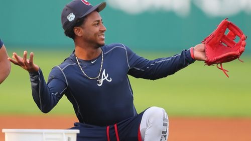 Braves prospect Ozzie Albies before the Braves’ first workout of spring training Wednesday Feb. 15, 2017, at the ESPN Wide World of Sports in Lake Buena Vista. Curtis Compton/ccompton@ajc.com