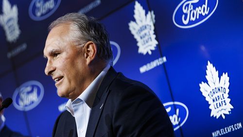 Toronto Maple Leafs NHL hockey team new head coach Craig Berube speaks during his introductory press conference in Toronto, Tuesday, May 21, 2024. (Cole Burston/The Canadian Press via AP)