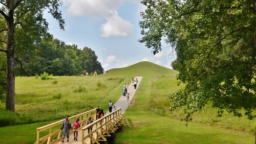 The burial mounds at the Ocmulgee National Monument, near Macon, were built by Native Americans during the Mississippian period, around 1000 CE. The park, designated a National Treasure, is part of the rich cultural resources of the Ocmulgee River corridor. Photo: courtesy National Trust for Historic Preservation