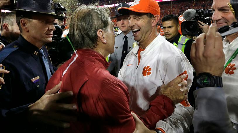 Chances are we'll see Clemson coach Dabo Swinney and Alabama's Nick Saban greeting one another after another playoff championship game. (AP Photo/David J. Phillip, File)