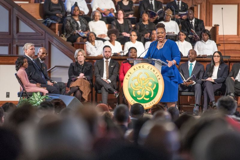 Dr. Bernice King, daughter of Dr. Martin Luther King Jr. speaks during the Martin Luther King, Jr. annual commemorative service at Ebenezer Baptist Church in Atlanta on Monday, Jan. 20, 2020. BRANDEN CAMP/SPECIAL