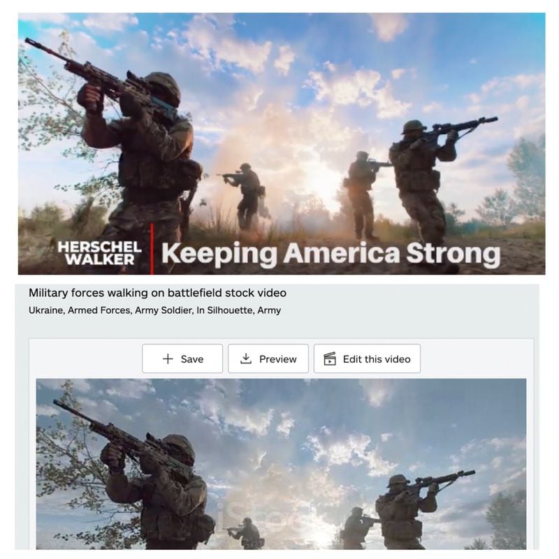 Images from Herschel Walker’s campaign ad and stock photos of Ukrainian soldiers. 