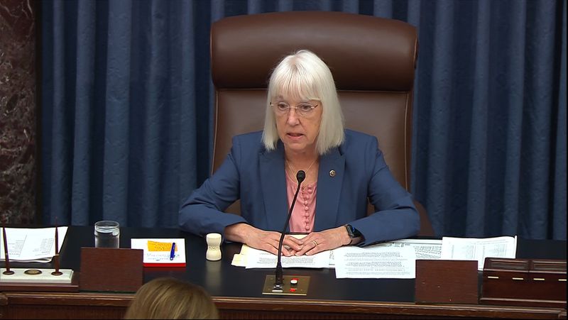 In this image from video from Senate Television, Sen. Patty Murray, D-Wash., presides over the court of impeachment and prepares to swear senators in for the impeachment trial of Homeland Security Secretary Alejandro Mayorkas on the Senate floor at the U.S. Capitol, Wednesday, April 17, 2024, in Washington. (Senate Television via AP)