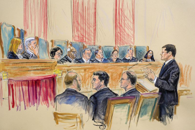 The artist sketch depicts former President Donald Trump's attorney John Sauer, far right, speaking before the Supreme Court about whether Trump is immune from prosecution in a case charging him with plotting to overturn the results of the 2020 presidential election, on Capitol Hill in Washington, Thursday, April 25, 2024. (Dana Verkouteren via AP))