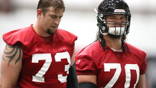 May 22, 2018 Flowery Branch: Atlanta Falcons offensive lineman Ryan Schraeder and Jake Matthews participate in organized team activities on Tuesday, May 22, 2018, in Flowery Branch.   Curtis Compton/ccompton@ajc.com