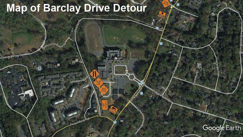 One westbound lane on Barclay Drive from North Peachtree Road to Peachford Road will be closed through Oct. 20.