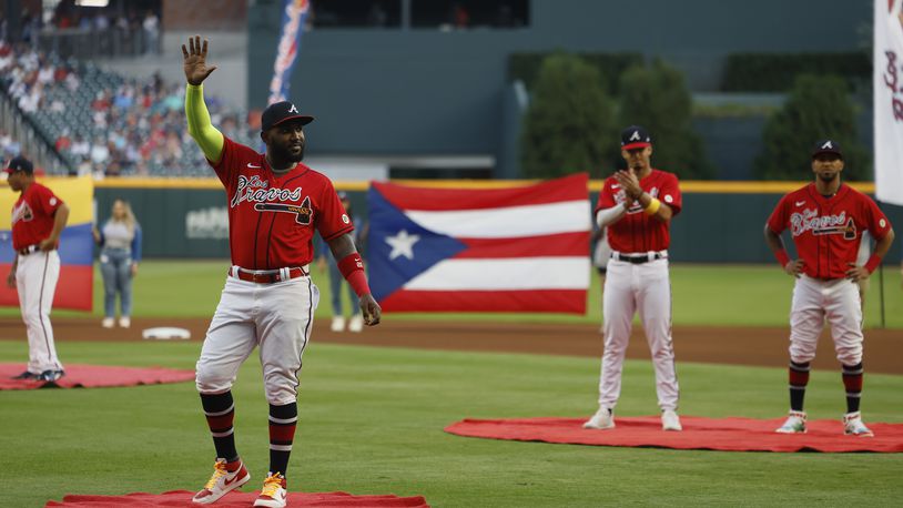 Braves designated hitter Marcell Ozuna is acknowledged during Los Bravos night before their game against the Philadelphia Phillies at Truist Park, Friday, September 16, 2022, in Atlanta. (Jason Getz / Jason.Getz@ajc.com)