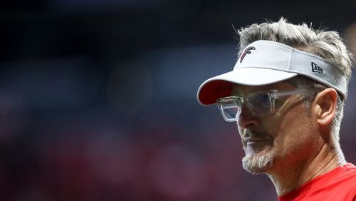 Atlanta Falcons general manager Thomas Dimitroff looks on during open practice Sunday, July 29, 2018, at Mercedes-Benz Stadium in Atlanta.