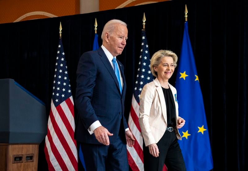 President Joe Biden and the president of the European Commission, Ursula von der Leyen, depart after speaking to reporters in Brussels, Belgium on March 25, 2022. She is visiting the White House today. (Doug Mills/The New York Times)