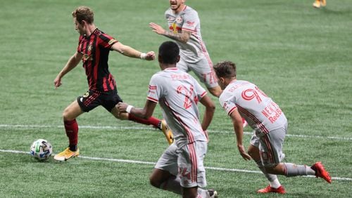 Atlanta United Forward Jon Gallagher (26) controls the ball during the second half of a MLS game against the New York Red Bulls at Mercedes-Benz Stadium on Saturday, Oct. 10, 2020, in Atlanta. Branden Camp/For the Atlanta Journal-Constitution