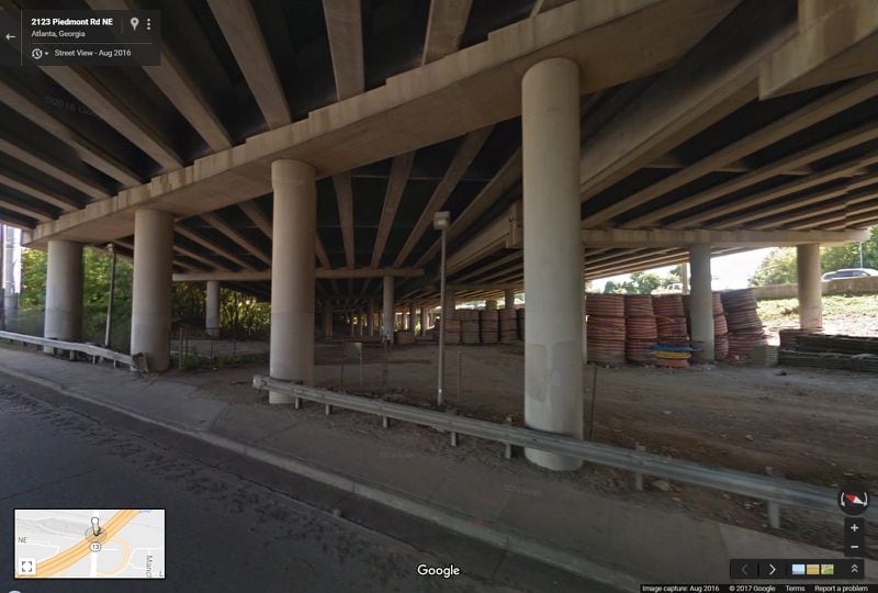 AUGUST 2016: This image from Google Maps Street View shows the underneath of I-85 where the interstate passes over Piedmont Road, looking to the northeast. (Google Maps Street View)