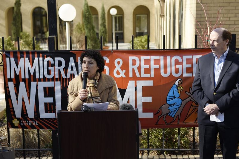 Azadeh Shahshahani, the legal and advocacy director for Project South, speaks during a press conference in Atlanta on January 26, 2017. 
