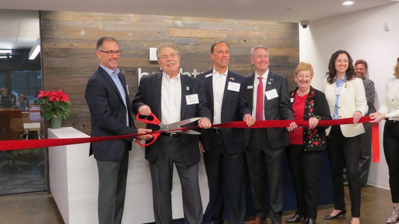 Matt Me3llott, CEO of Brightree, Peachtree Corners Mayor Mike Mason, Councilmembers Phil Sadd, Weare Gratwick, Lorri Christopher and State Representative (Dist.95) Beth Moore at the recent opening of Brightree, a cloud-based health care company. (Courtesy City of Peachtree Corners)