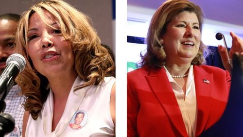 Lucy McBath (left) unseated Karen Handel in 2018, but the two are facing off again in a 2020 rematch in Georgia's 6th Congressional District. AJC file photos.