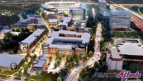 Entering the development from Cobb Parkway, visitors will be greeted by a view straight down the main thoroughfare into SunTrust Park. (HANDOUT RENDERING / ATLANTA BRAVES)