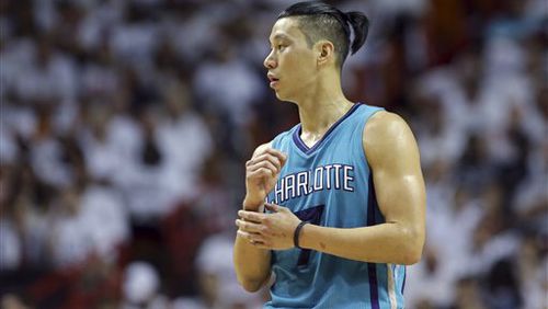 Charlotte Hornets guard Jeremy Lin walks on the court during the first half of Game 1 of a first-round NBA basketball playoff series, Sunday, April 17, 2016, in Miami. The Heat defeated the Hornets 123-91. (AP Photo/Lynne Sladky)