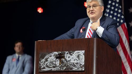 Chairman David Shafer speaks before his election at the Georgia GOP State Convention in Jekyll Island, Georgia on June 5th, 2021. Nathan Posner for the Atlanta-Journal-Constitution