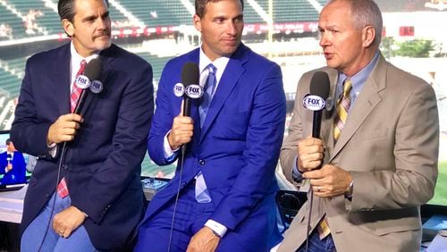 Braves broadcasters (l-r) Chip Caray, Jeff Francoeur and Joe Simpson.