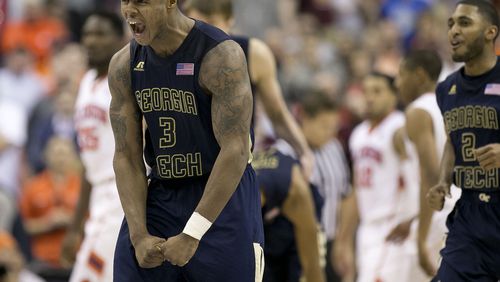 Georgia Tech's Marcus Georges-Hunt (3) reacts after forcing overtime against Clemson on Wednesday, March 9, 2016, during the ACC Tournament at the Verizon Center in Washington. Georgia Tech advanced, 88-85. (Robert Willett/Raleigh News &amp; Observer/TNS)