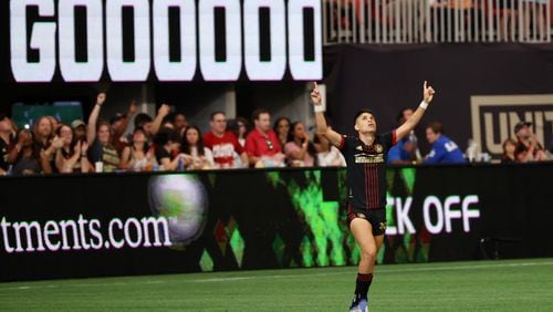 Atlanta United attacker Luiz Araujo reacts after scoring his team's second goal during the second half of an MLS soccer game at the Mercedes Benz Stadium on May 15, 2009. Sunday, May 15, 2022. Miguel Martinez / miguel.martinezjimenez@ajc.com