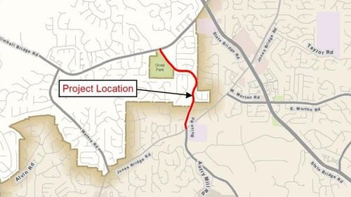 Map depicts the Buice Road “traffic calming” project, where the Johns Creek City Council voted to replace the contractor. CITY OF JOHNS CREEK