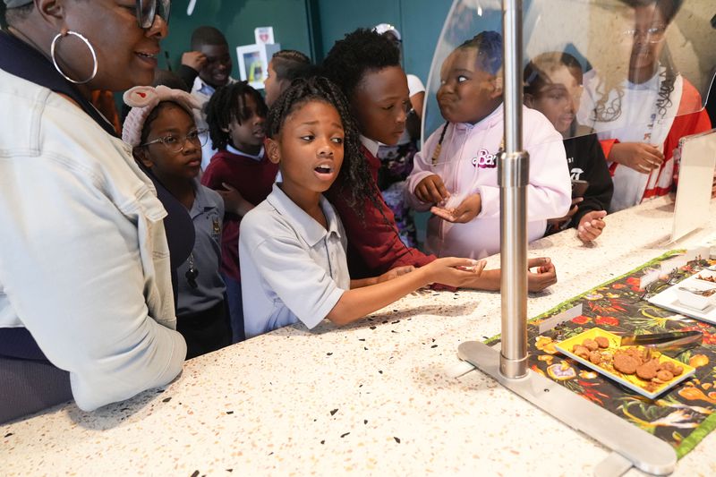 Children from the Woodmere Elementary School, of Harvey, La., line up to taste cooked insects at the Audubon Insectarium in New Orleans, Wednesday, April 17, 2024. The insectarium plans to demonstrate ways to cook cicadas at the little in-house snack bar where it already serves other insect dishes. (AP Photo/Gerald Herbert)