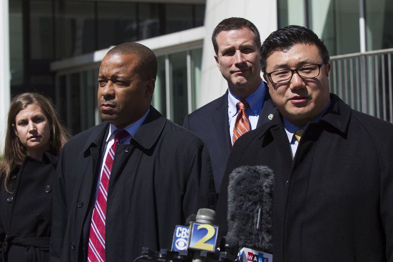 U.S. Attorney Byung “BJay” Pak, right, and Director of the SEC’s Atlanta Regional Office, Richard R. Best, left, speak at a press conference outside the Richard B. Russell Courthouse in Atlanta, Georgia, on Wednesday, March 14, 2018. Pak and Best addressed the federal indictment of Jun Ying, a former chief information officer for a division of Equifax. Ying was accused of insider trading related to alleged sales of the company’s stock before Equifax announced a massive data breach. (REANN HUBER/REANN.HUBER@AJC.COM)