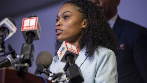 At a press conference Monday at the Fulton County District Attorney's Office, Spelman student Taniyah Pilgrim describes her experience with Atlanta police during a downtown protest. The violent scene of police pulling her and her boyfriend out of their car was captured on video and has been viewed nearly 39 million times. The district attorney is pressing charges against six officers for their involvement.