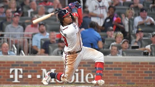 Atlanta Braves center fielder Ronald Acuna Jr. (13) hits a single in 7th inning during Game 1 of best-of-five National League Division Series at SunTrust Park on Thursday, October 3, 2019. St. Louis Cardinals won 7-6 over the Atlanta Braves. (Hyosub Shin / Hyosub.Shin@ajc.com)