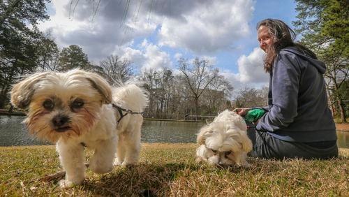Vanessa Bolling brought her clients' dogs, Cookie (left) and Frosty, to the Duck Pond Park at Peachtree Heights East in Atlanta in this AJC file photo.