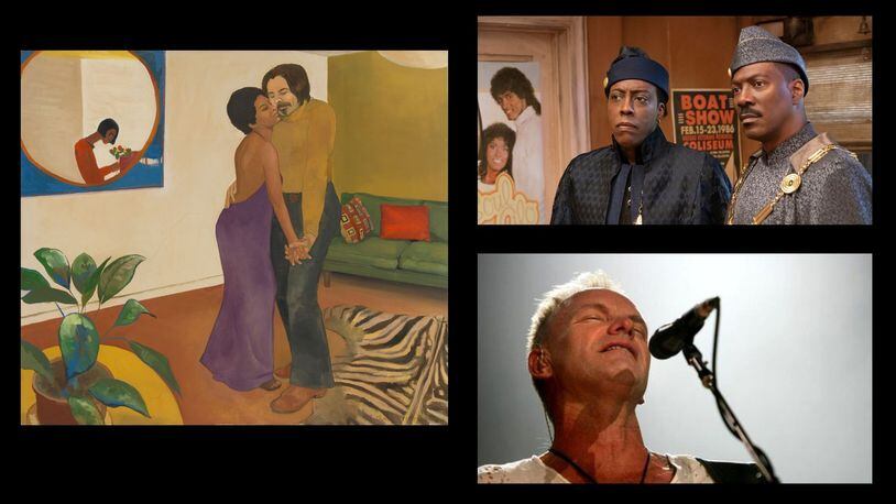Upcoming events in 2021 include (clockwise from left) an Emma Amos retrospective at the Georgia Museum of Art, the release of "Coming 2 America" with Arsenio Hall and Eddie Murphy and a new album from Sting.
Courtesy of Courtesy of Cleveland Museum of Art / John L. Severance Fund / Amazon Studios / AJC File