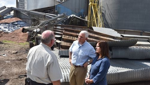 Vice President Mike Pence meets employees at Flint River Mills in Bainbridge on Oct. 16, six days after Hurricane Michael struck the area. Federal recovery funds have been approved for the region, but that only started what could be a lengthy process to get the money in the hands of farmers and others who were hammered by the storm. HYOSUB SHIN / HSHIN@AJC.COM