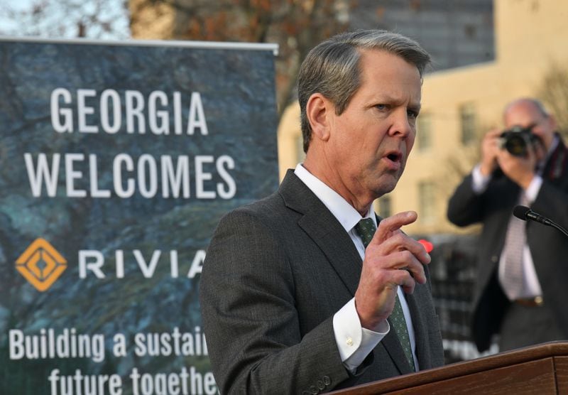 Georgia Governor Brian Kemp speaks during a press conference at Liberty Plaza across from the Georgia State Capitol in Atlanta on Thursday, December 16, 2021. Electric vehicle maker Rivian on Thursday confirmed its plans to build a $5 billion assembly plant and battery factory in Georgia, which Gov. Brian Kemp called Òthe largest single economic development project ever in this stateÕs history.Ó (Hyosub Shin / Hyosub.Shin@ajc.com)