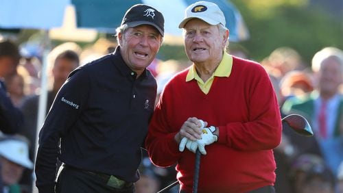Jack Nicklaus and Gary Player, who have nine Masters championships between them, are on the first tee for their ceremonial tee shots to begin the Masters at Augusta National Golf Club on Thursday, April 5, 2018, in Augusta.  Curtis Compton/ccompton@ajc.com