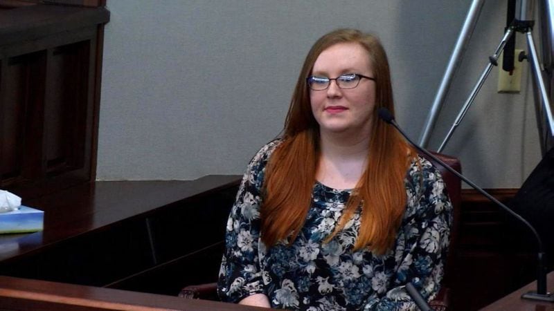 Caitlin Hickey-Floyd, who met Justin Ross Harris over the app Whisper, testifies during Harris' murder trial at the Glynn County Courthouse in Brunswick, Ga., on Wednesday, Oct. 19, 2016. Hickey-Floyd said that she exchanged messages with Harris, sometimes of a sexual nature. When she asked him if he had a conscience, she said he replied, "No." (screen capture via WSB-TV)