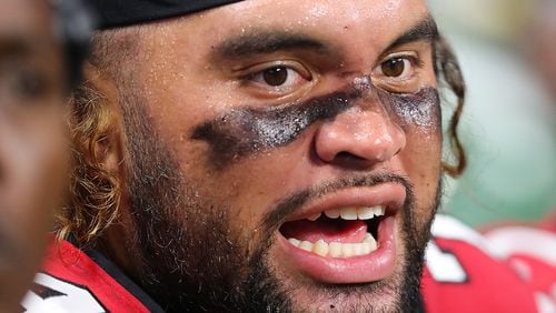 Falcons defensive lineman Taniela Tupou has his game face on during the first quarter against the Jaguars in a NFL preseason football game on Thursday, August 31, 2017, in Atlanta.    Curtis Compton/ccompton@ajc.com