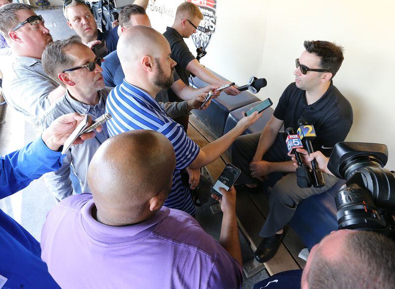 New Braves General Manager Alex Anthopoulos gets his interview techniques in shape during spring training. (Curtis Compton/ccompton@ajc.com)