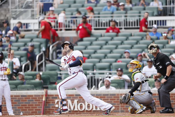Atlanta Braves left fielder Adam Duvall watches the ball after he hit a home run during the second inning Sunday, June 12, 2022, in Atlanta. (Miguel Martinez / miguel.martinezjimenez@ajc.com)