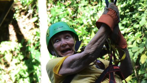 Jacque Digieso, co-founder of The Cottage School in Roswell, is definitely outside her comfort zone zip lining in Costa Rica. 
Courtesy of Jacque Digieso.