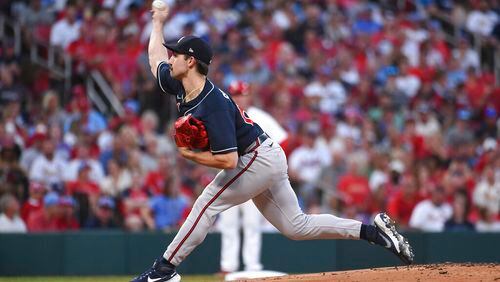 Atlanta Braves starting pitcher Spencer Strider (65) throws during the first inning of a baseball game against the St. Louis Cardinals on Friday, Aug. 26, 2022, in St. Louis. (AP Photo/Joe Puetz)
