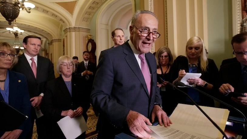 Senate Minority Leader Chuck Schumer, D-N.Y., joined by, from left, Sen. Maggie Hassan, D-N.H., Sen. Chris Murphy, D-Conn., Sen. Patty Murray, D-Wash., and Sen. Ron Wyden, D-Ore., criticizes the new Republican health care plan designed to replace Obamacare, on Capitol Hill in Washington, Tuesday, March 7, 2017. (AP Photo/J. Scott Applewhite)