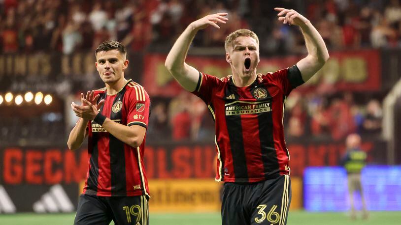 Atlanta United attackers Miguel Berry (19) and Jackson Conway (36) celebrate their 2-1 win against San Jose during their MLS season opener at Mercedes-Benz Stadium, Saturday, Feb. 25, 2023, in Atlanta. Atlanta United won 2-1. Jason Getz / Jason.Getz@ajc.com)