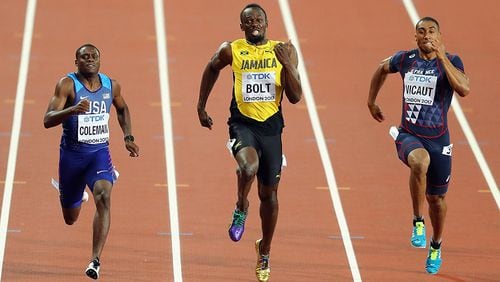 Christian Coleman (from left), Usain Bolt and Jimmy Vicaut race toward the finish line of the men's 100m final during day two of the 16th IAAF World Athletics Championships London 2017 at The London Stadium on Aug.  5, 2017 in London.