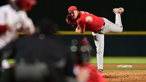 Georgia freshman Liam Sullivan (14) absolutely brought the heat against No. 1 Arkansas on May 7 in Fayetteville, Ark. The 6-6, 250-pound freshman struck out 11 and gave up just one run in his first career start. (Photo from UGA Athletics)