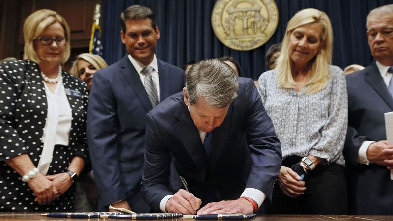 Gov. Brian Kemp and his allies have seized on news that Roe v. Wade could by overturned by reminding conservatives that he signed into law Georgia's "heartbeat bill" that would ban most abortions in the state at about six weeks into a pregnancy. Bob Andres / bandres@ajc.com