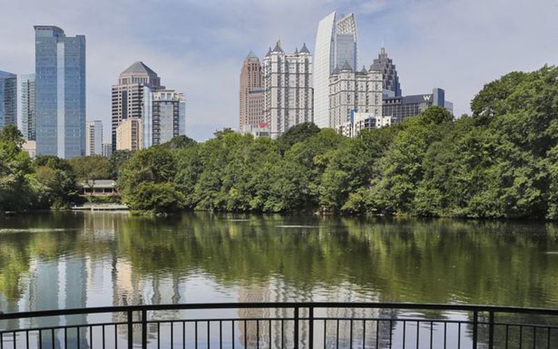Piedmont Park's lake and views of Atlanta's skyline help make it a beautiful setting for a proposal.