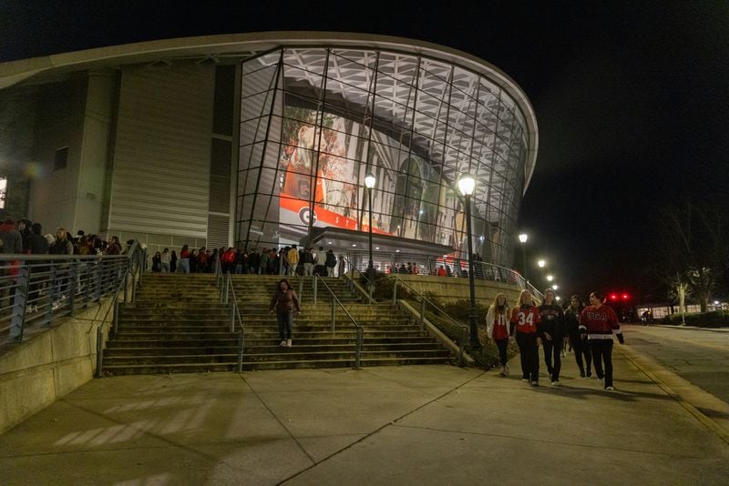 Georgia Bulldogs fans wait in line to enter Stegeman Coliseum on the University of Georgia campus in Athens ahead of a watch party for the College Football Playoff national championship game being held in Indianapolis on Monday, January 10, 2022. (Photo: Nathan Posner for The Atlanta Journal-Constitution)