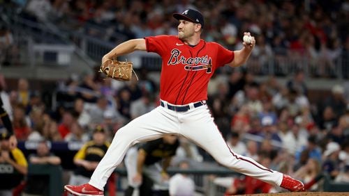 Braves relief pitcher Dylan Lee delivers during the sixth inning against the Pittsburgh Pirates at Truist Park on Friday, June 10, 2022, in Atlanta. (Jason Getz / Jason.Getz@ajc.com)
