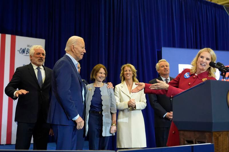 Kerry Kennedy, right, along with members of the Kennedy family, introduces President Joe Biden, second from left, at a campaign event, Thursday, April 18, 2024, in Philadelphia. (AP Photo/Alex Brandon)